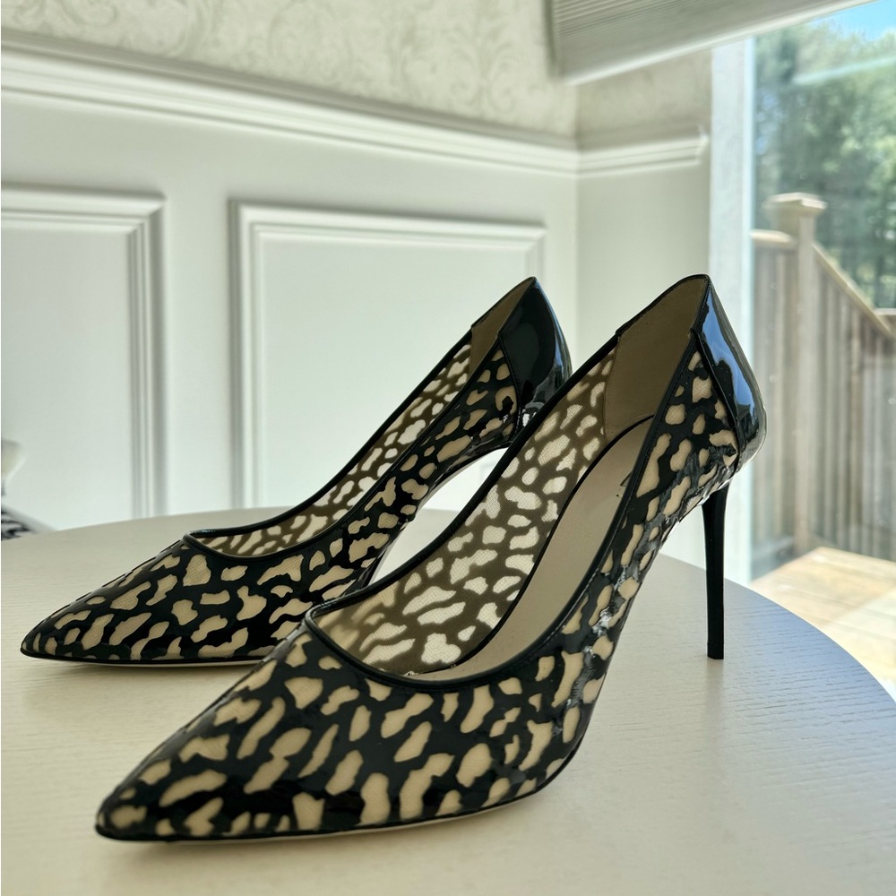 Giorgio Armani Brand New Black and Beige Patent Leather Laser Cut Stiletto Pumps